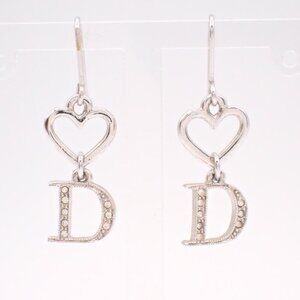 💖 Christian Dior Vintage Silver Heart D Dangle Earrings - Rhinestone Pave